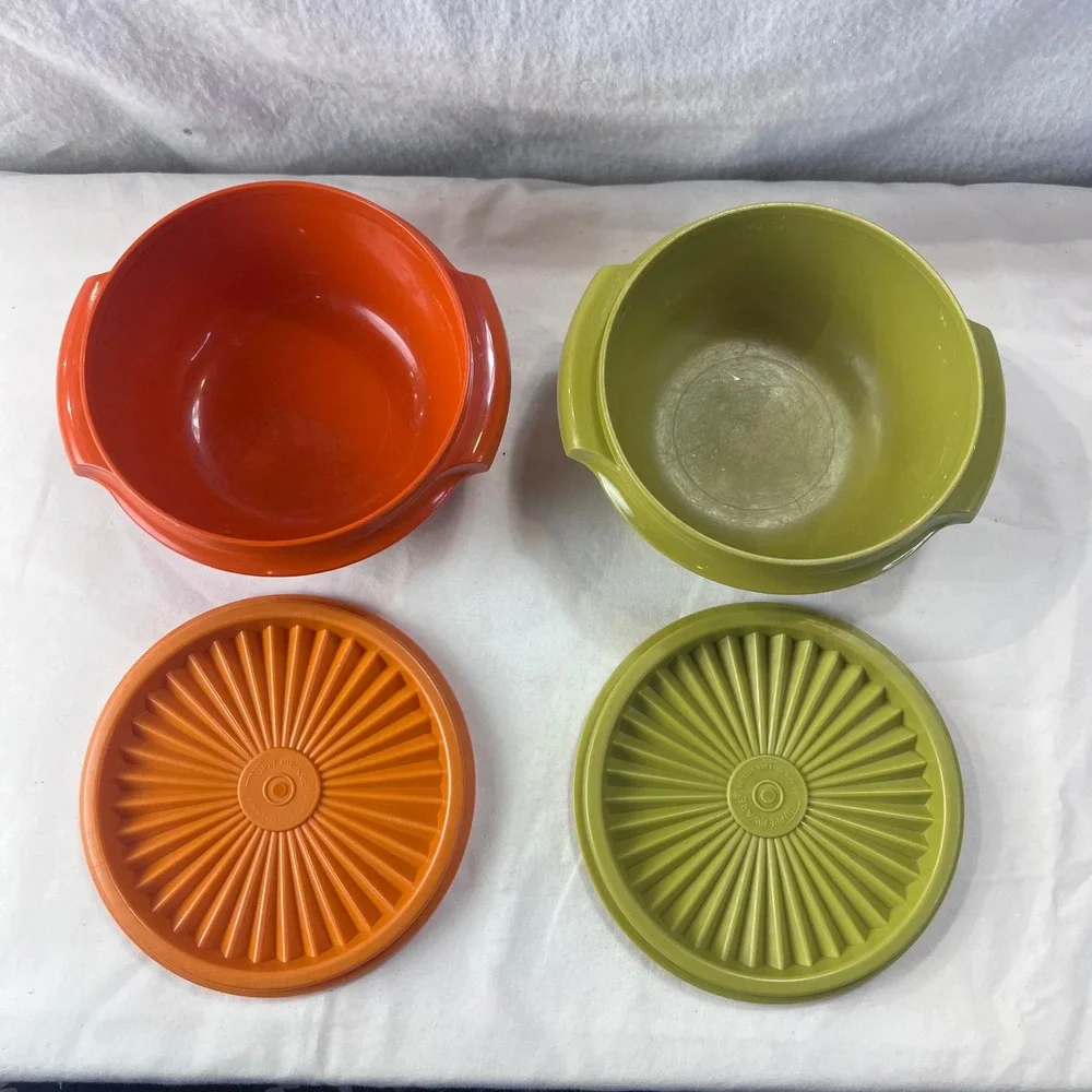 Vintage Tupperware Servalier Bowls Set of 2 Orange Green Sunburst Lids 1323